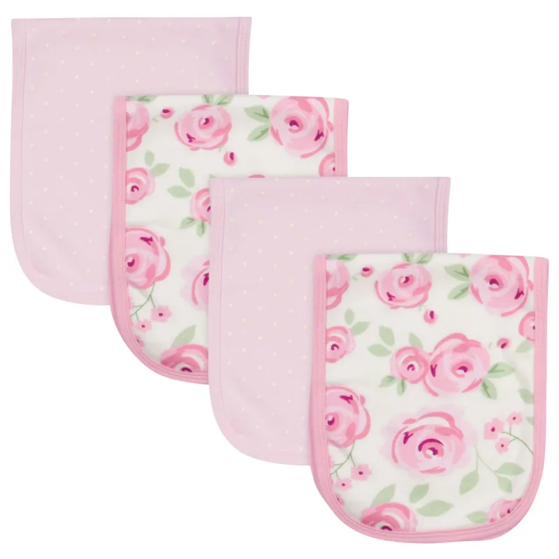 Four Gerber terry-backed burp cloths with pale pink and rose-print fronts